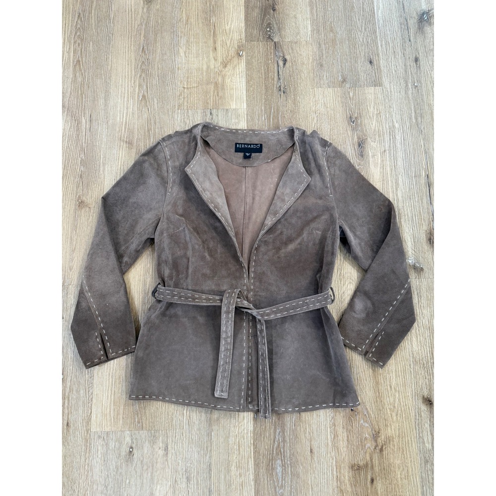 Bernardo Boho Suede Leather Wrap Jacket Women M Brown Whipstitch Belted Western